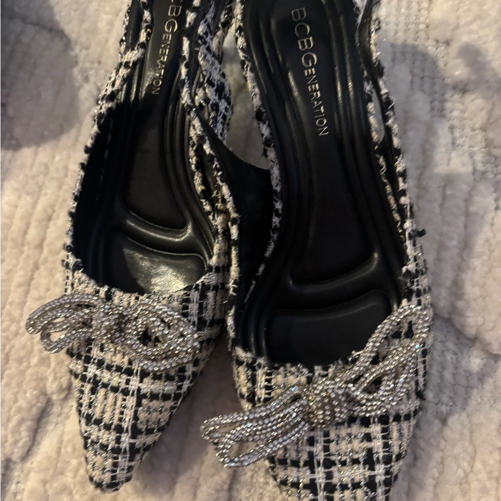 BCBGeneration Tweed Black and White Heels with Silver Bow